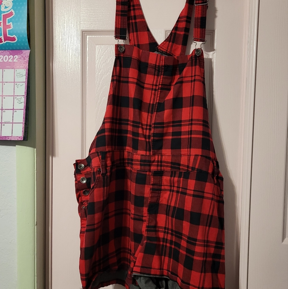 Red plaid short overalls